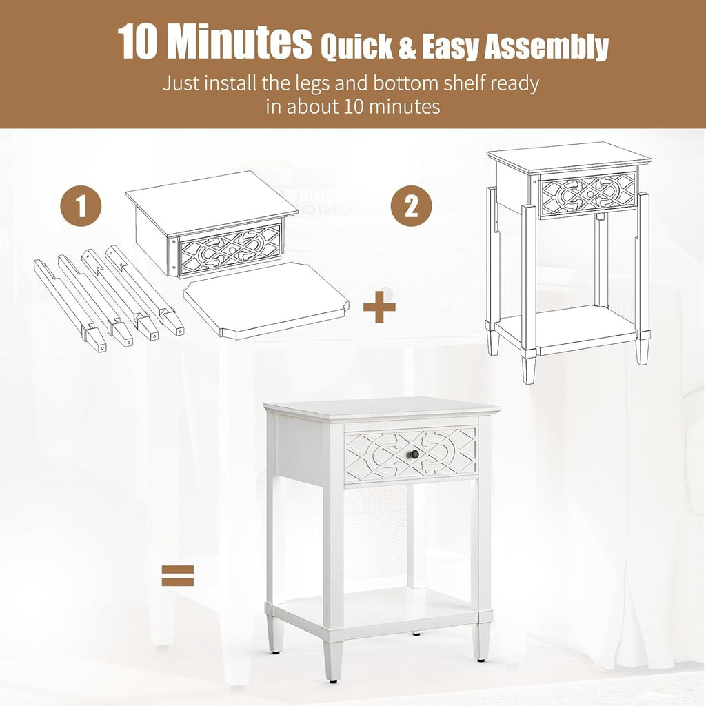 karlott 26" Farmhouse Night Stand with Pre-Assembled Drawers, Painted Bedside Table, Pine Leg and Solid Wood Frame Nightstand, Side Table End Table for Bedroom, Carved Pattern, Distressed White