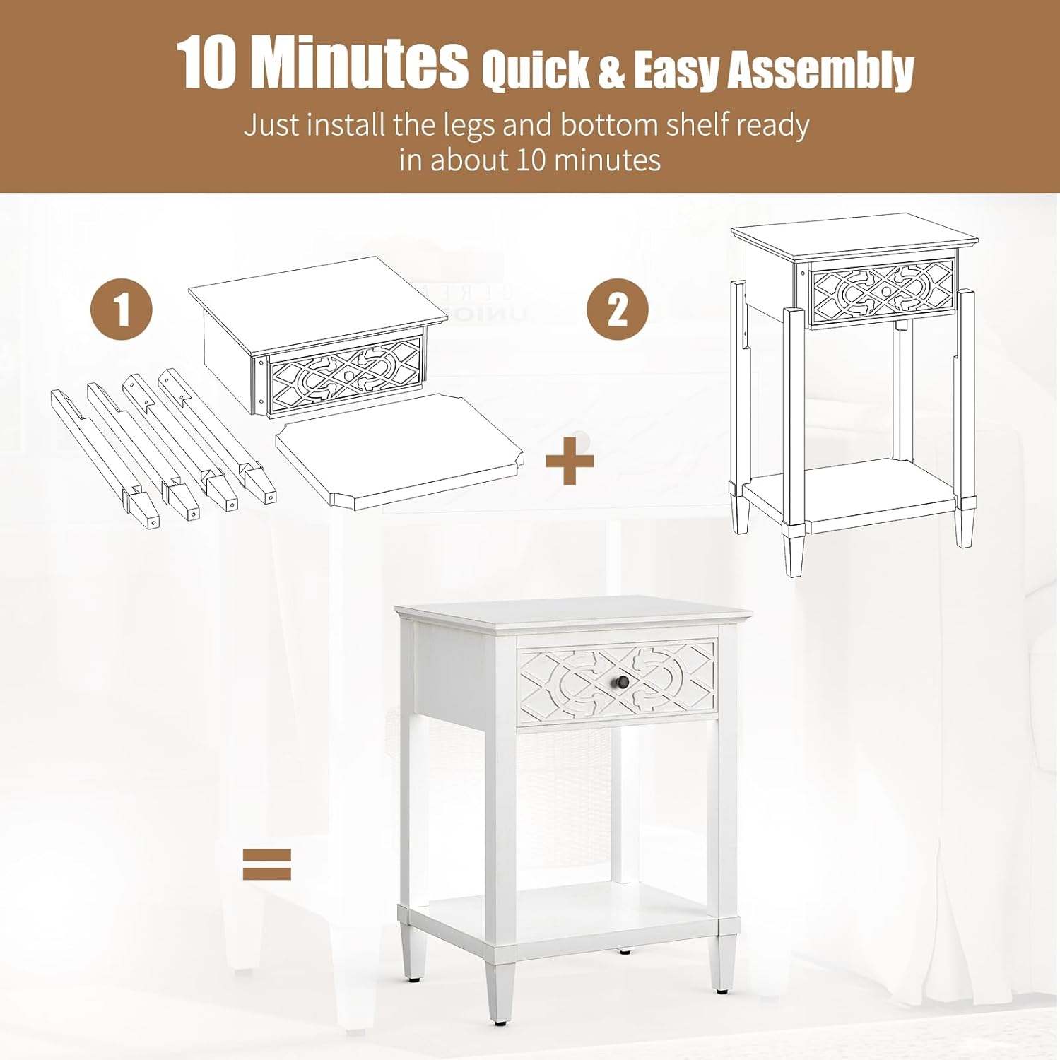 karlott 26" Farmhouse Night Stand with Pre-Assembled Drawers, Painted Bedside Table, Pine Leg and Solid Wood Frame Nightstand, Side Table End Table for Bedroom, Carved Pattern, Distressed White