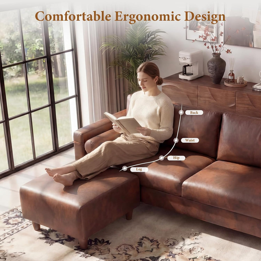 Vesgantti 100" L-Shaped Faux Leather Sectional Couch, Wide Seating, Cocoa | 3 Seater with Movable Ottoman, Mid Century Modern Modular Sofa for Living Room, Apartment, Easy to Assemble, Side Pocket