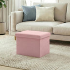 16.5 Inch Small Rectangular Storage Ottoman, Collapsible Footrest | Linen Fabric, Hidden Storage, Foldable Footstool with Padded Lid, Compact Size for Living Room, Bedroom and Dorm, Pink