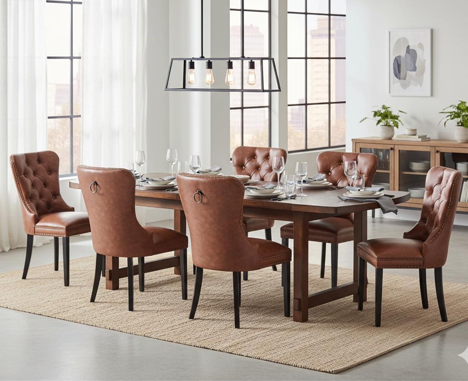 CIMOTA Brown Leather Dining Chairs Set of 8 Mid Century Modern Dining Room Chairs Tufted Upholstered Kitchen Dining Chairs Comfortable Side Chairs with Nailhead Trim/Ring Back (PU /8PCS)