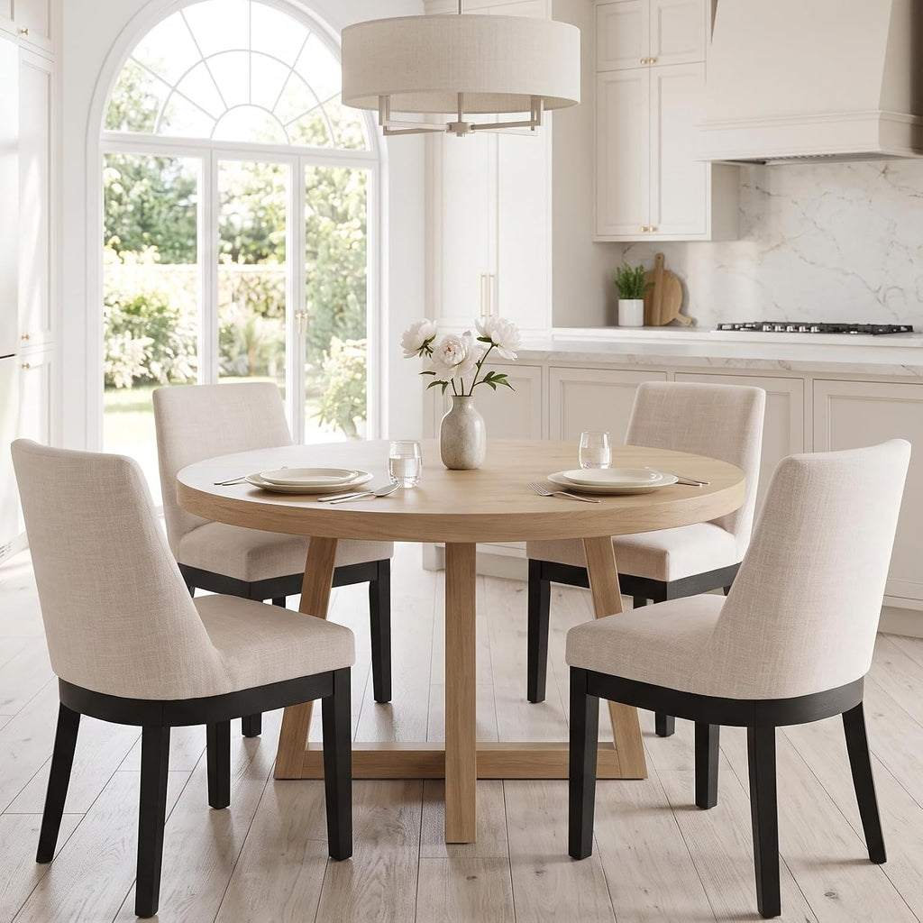 RIVOVA Upholstered Dining Chairs Set of 6, Modern Wooden Dining Room Chair Linen Fabric Kitchen Chairs Farmhouse Dinner Chair with Black Hardwood Frame, Beige