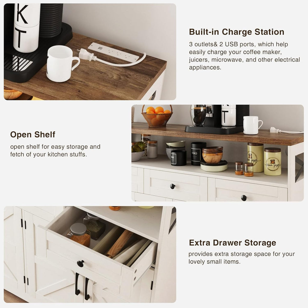 51" Farmhouse Buffet Sideboard Cabinet with Storage, White Kitchen Storage Pantry Cabinet with Drawers, Wood Cupboard Hutch, Coffee Bar Station Table for Kitchen, Living Room, Dining Room