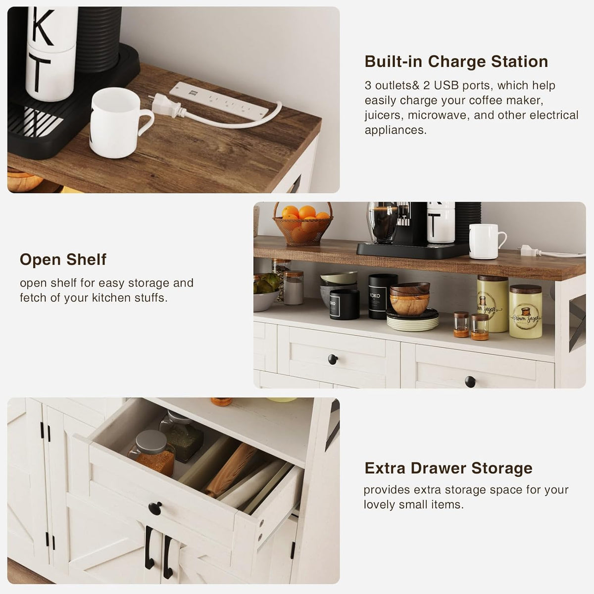 51" Farmhouse Buffet Sideboard Cabinet with Storage, White Kitchen Storage Pantry Cabinet with Drawers, Wood Cupboard Hutch, Coffee Bar Station Table for Kitchen, Living Room, Dining Room