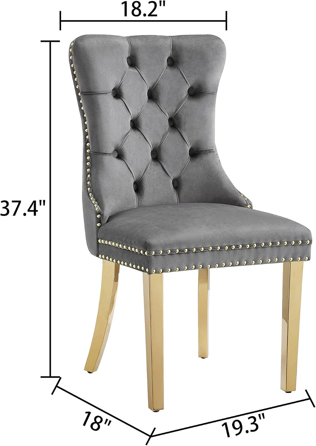 Grey Velvet Dining Chairs Set of 4, Mid Century Modern Kitchen & Dining Room Chairs, Fabric Tufted Dinning Chairs, Velvet Upholstered, Wing Back, Pull Ring, Stainless Steel Legs, Gold
