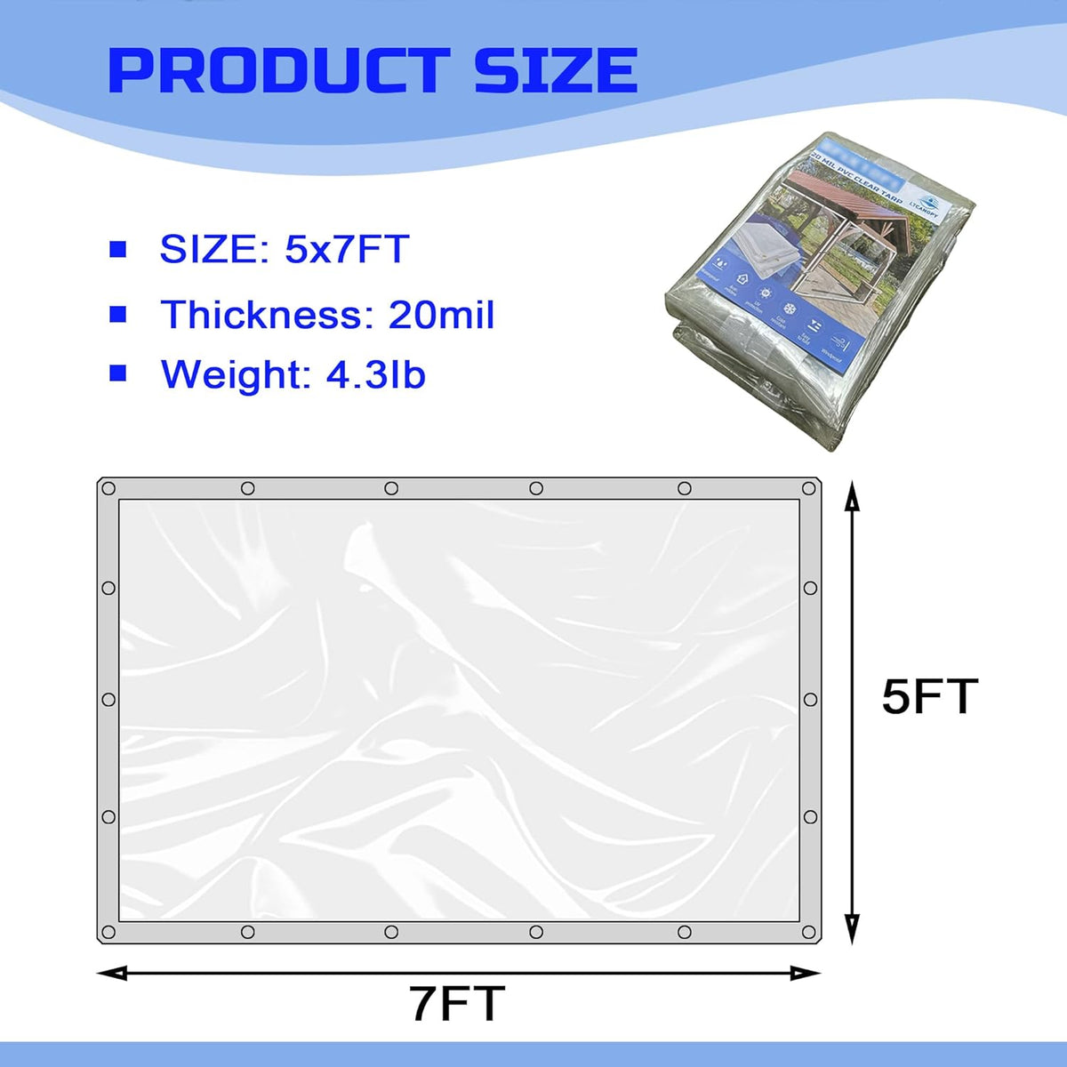 Clear Tarp 5 x 7FT, 20 Mil Clear Vinyl Tarp, Small Cover Plastic Sheeting with Grommets, Double-Stitched Reinforced Edges, Heavy Duty Tarps Waterproof and Tearproof