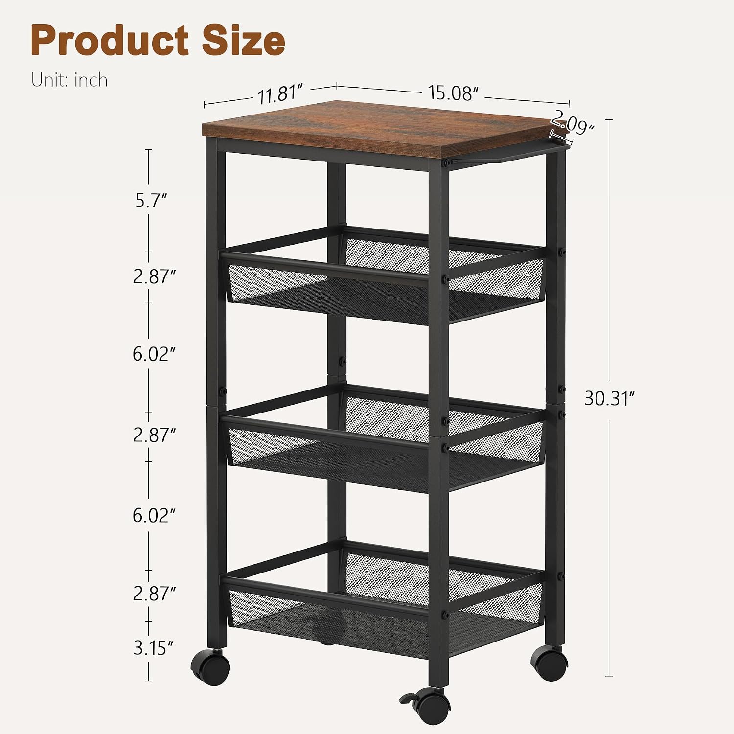 Hoctieon Rolling Storage Cart, 4-Tier 11.8" Wide Panel Kitchen Storage Cart, Utility Carts with Handle & Wheels, Mobile Shelving Unit, Metal Frame Narrow Carts for Home Kitchen, Laundry, Rustic Brown