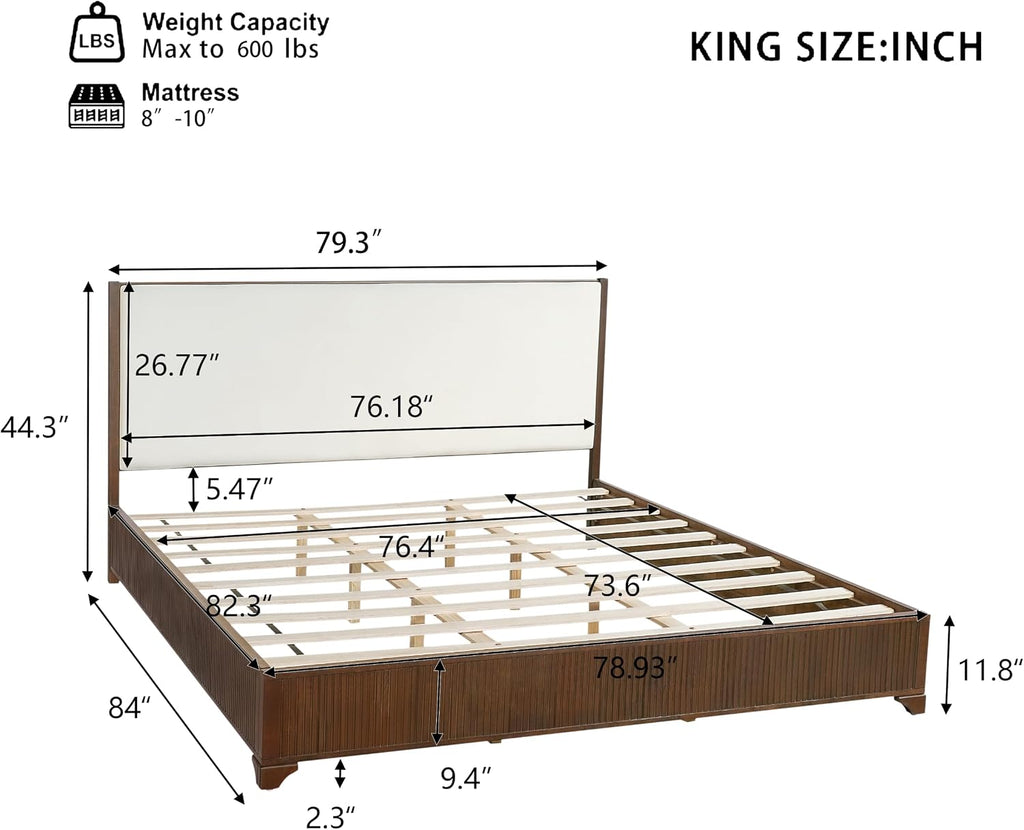 King Size Wood Platform Bed with Fluted Footboard & Fabric Upholstered Headboard, Low Profile Wooden Bed Frame with Wood Slats Support, Dark Walnut,White
