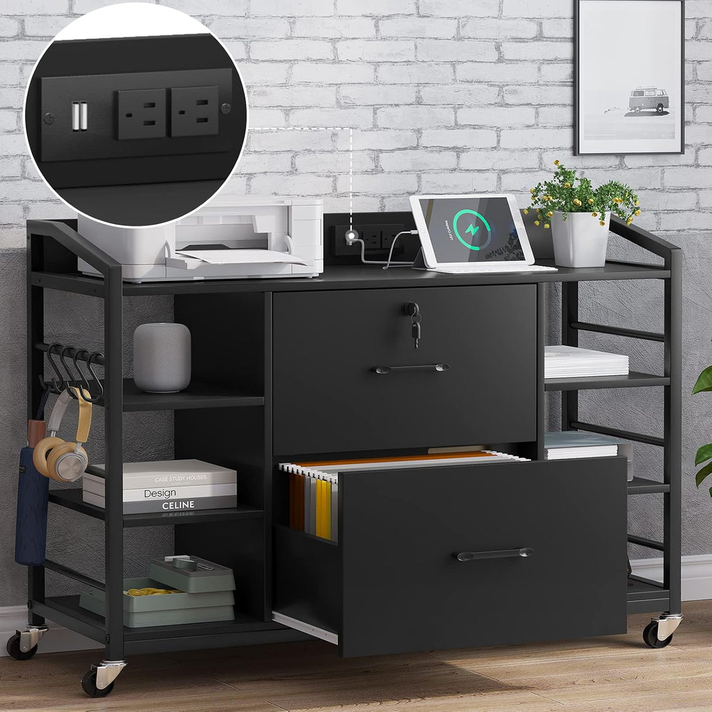 SEDETA 44" File Cabinet with Lock, Filing Cabinet fits Legal/Letter Size | Black Lateral 2 Drawer Filing Cabinets for Home Office with Lock, Power Strip, 6 Storage Shelves, Wheels and 4 Hooks