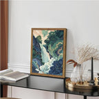 Framed Japanese Waterfall Canvas Wall Art, Abstract Landscape Wall Decor Paintings, Blue Green Nature Mountain Pictures Prints Zen Aesthetics Home Decor for Living Room Bedroom Bathroom 16x24 inch