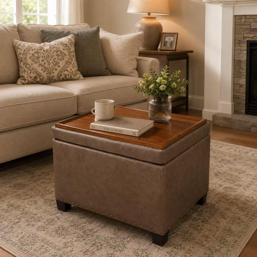 Homebeez 22" Storage Ottoman Coffee Table with Flip Top Tray, Tufted Faux Leather Footrest Stool with Nailhead Trim, Large Foot Rest for Living Room, Taupe Brown