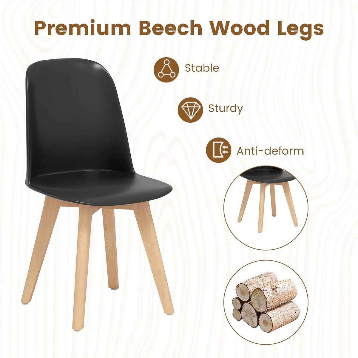 Giantex Modern Dining Chairs Set of 2, Black Armless Kitchen Chair w/Solid Beech Wood Legs, Tilt Backrest, Wide Seat, Indoor Plastic Side Chairs for Living Dining Room Restaurant