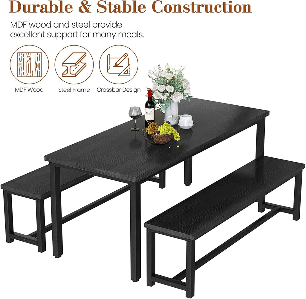 DKLGG Dining Table Set for 4, Wooden Kitchen Table with 2 Dining Bench | 47.2” Farmhouse Dining Room Table Set, Space Saving Table and Chairs Set for Small Space, Kitchen,Dining Room,Apartment