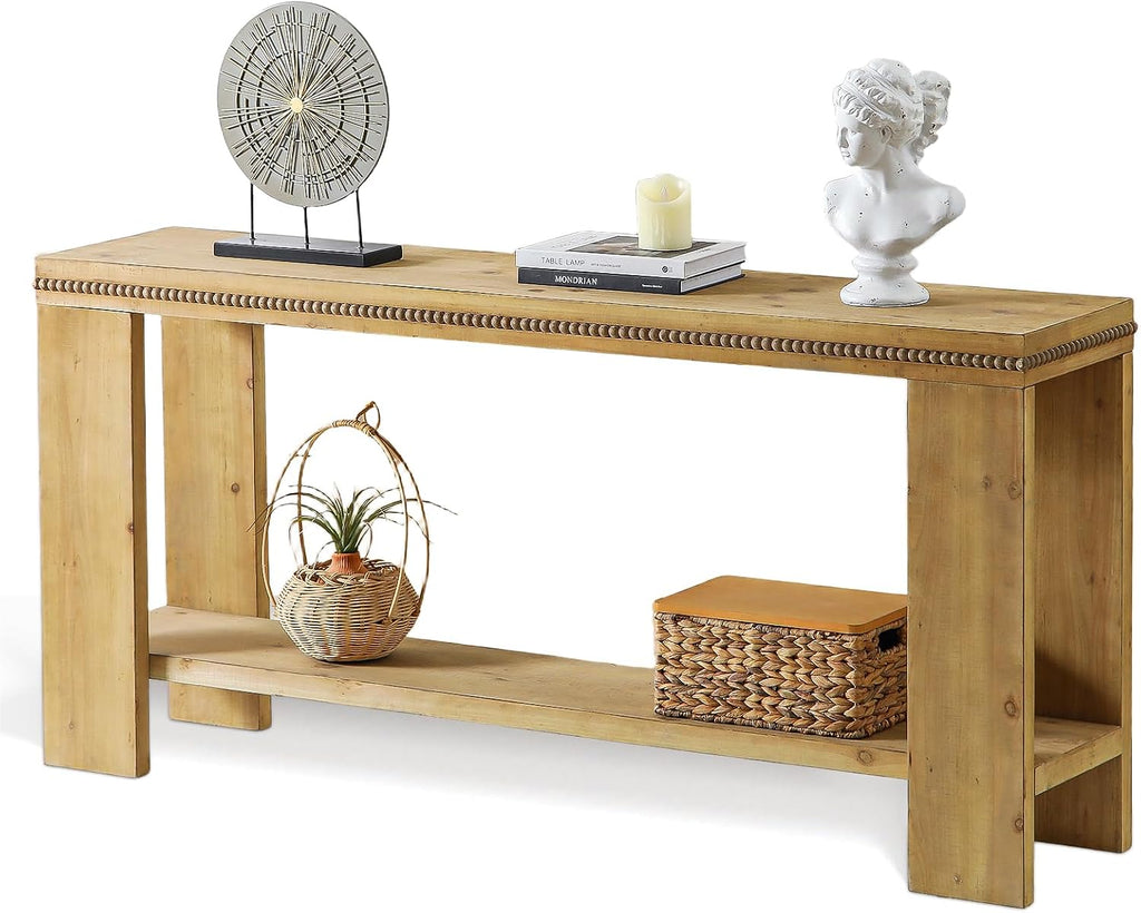 Console Sofa Table with Storage, 63" Long Wood Console Table with Beaded Trim and Storage Shelf, 2-Tier Narrow Entryway Table for Hallway, Foyer, or Behind Couch Living Room