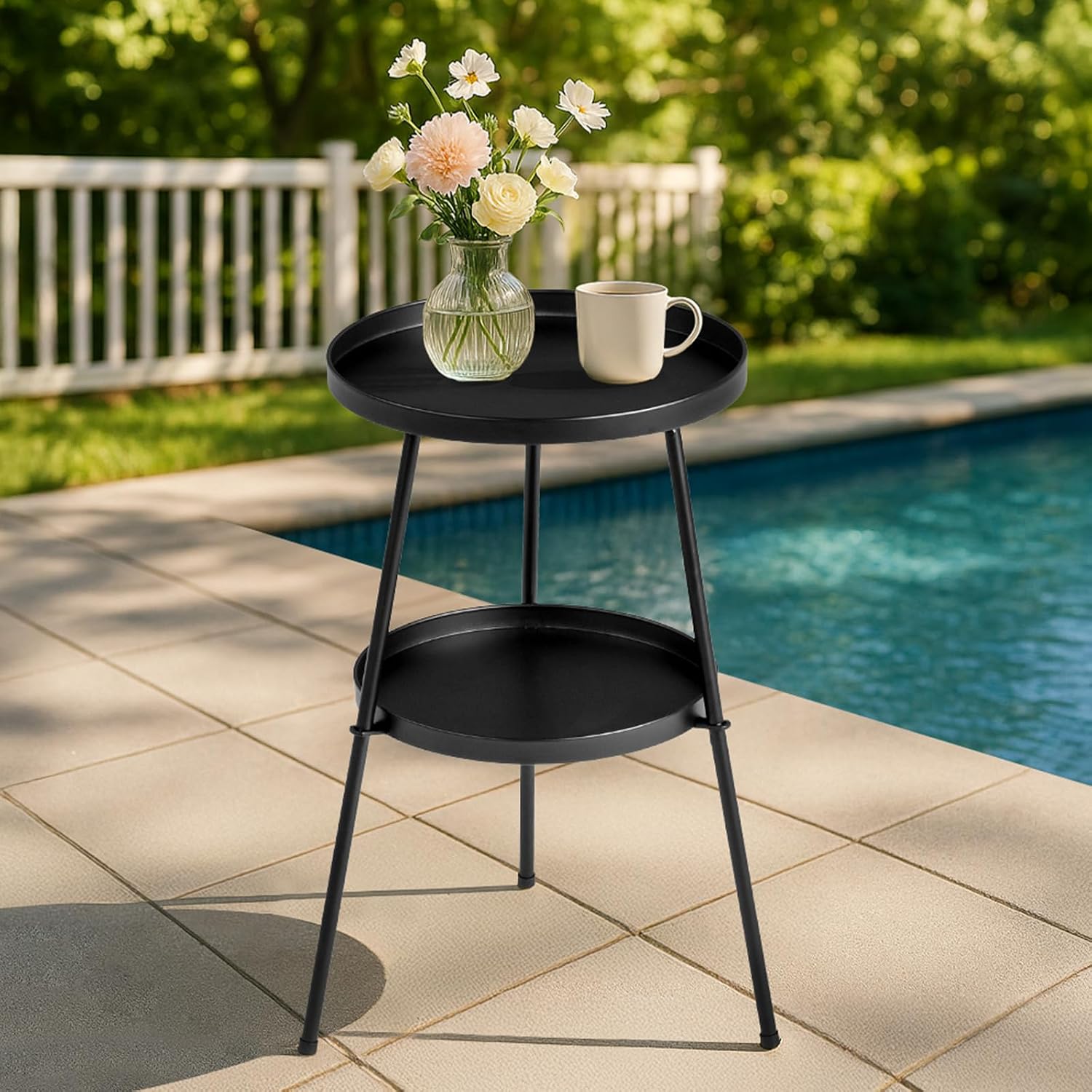 Vasitelan 2 Tier Side End Table Metal Round Coffee Tables Nightstand for Small Spaces Indoor Outdoor
