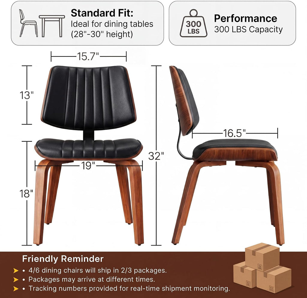 Mid Century Modern Dining Chairs Set of 4, Farmhouse Faux Leather Upholstered Curved Backrest Kitchen Chairs with Walnut Bentwood Frame for Kitchen, Makeup, Desk, Black