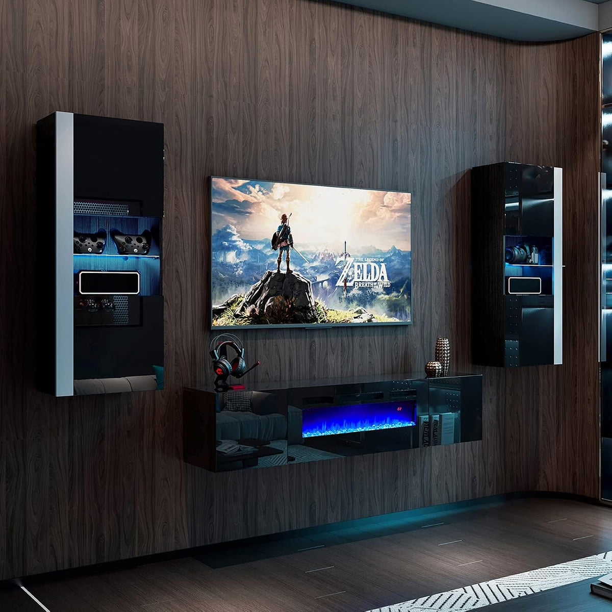 AMERLIFE Wall Unit Entertainment Center with 40" Electric Fireplace, Includes 80" Floating Fireplace TV Stand, 2 x Wall Cabinets, Modern LED Light Media Console Table for Living Room, Black