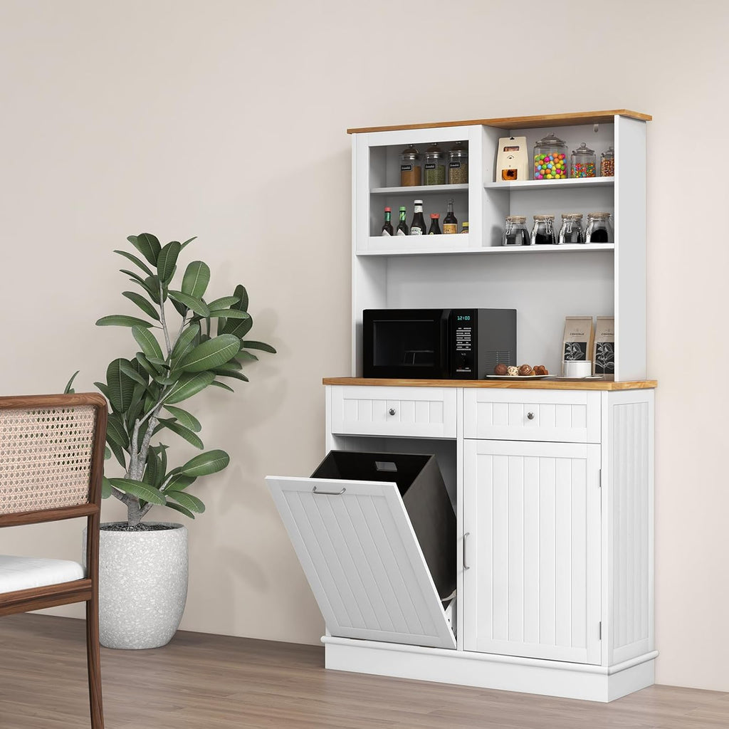 LOKO 68” Tall Kitchen Pantry Cabinet, Wood Sideboard Cupboard with Microwave Countertop, Sliding Glass Door, Freestanding Buffet Hutch with Trash Can Storage, for Home Coffee Bar, White & Natural