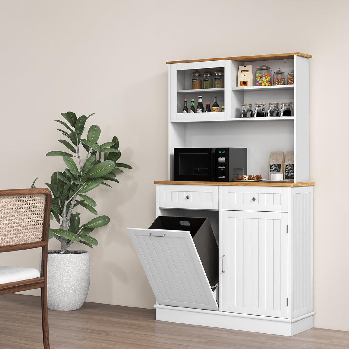 LOKO 68” Tall Kitchen Pantry Cabinet, Wood Sideboard Cupboard with Microwave Countertop, Sliding Glass Door, Freestanding Buffet Hutch with Trash Can Storage, for Home Coffee Bar, White & Natural