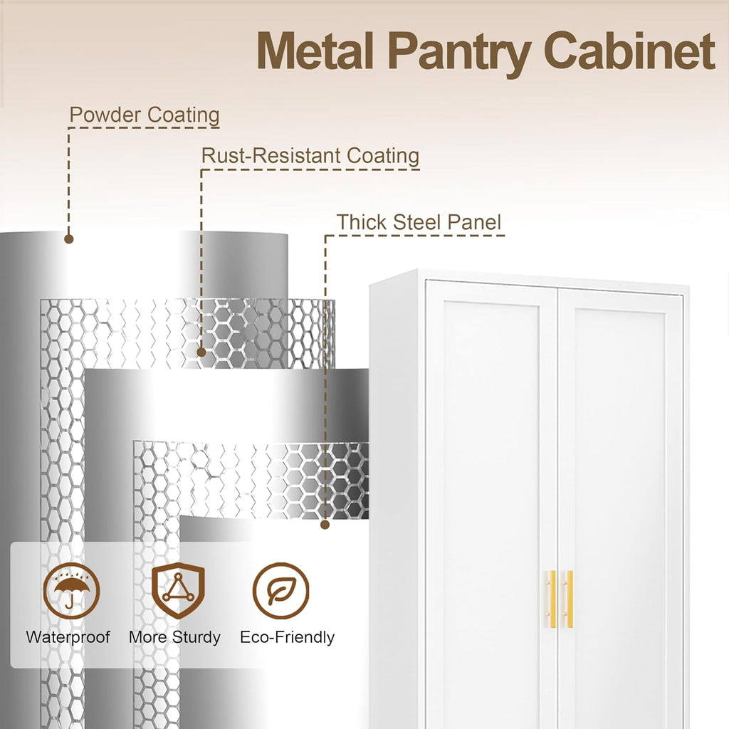 71" Tall Kitchen Pantry Cabinet, White Metal Kitchen Pantry Storage Cabinet with Doors and 4 Adjustable Shelves, Freestanding Pantry Cupboard for Living, Dining Room, Kitchen