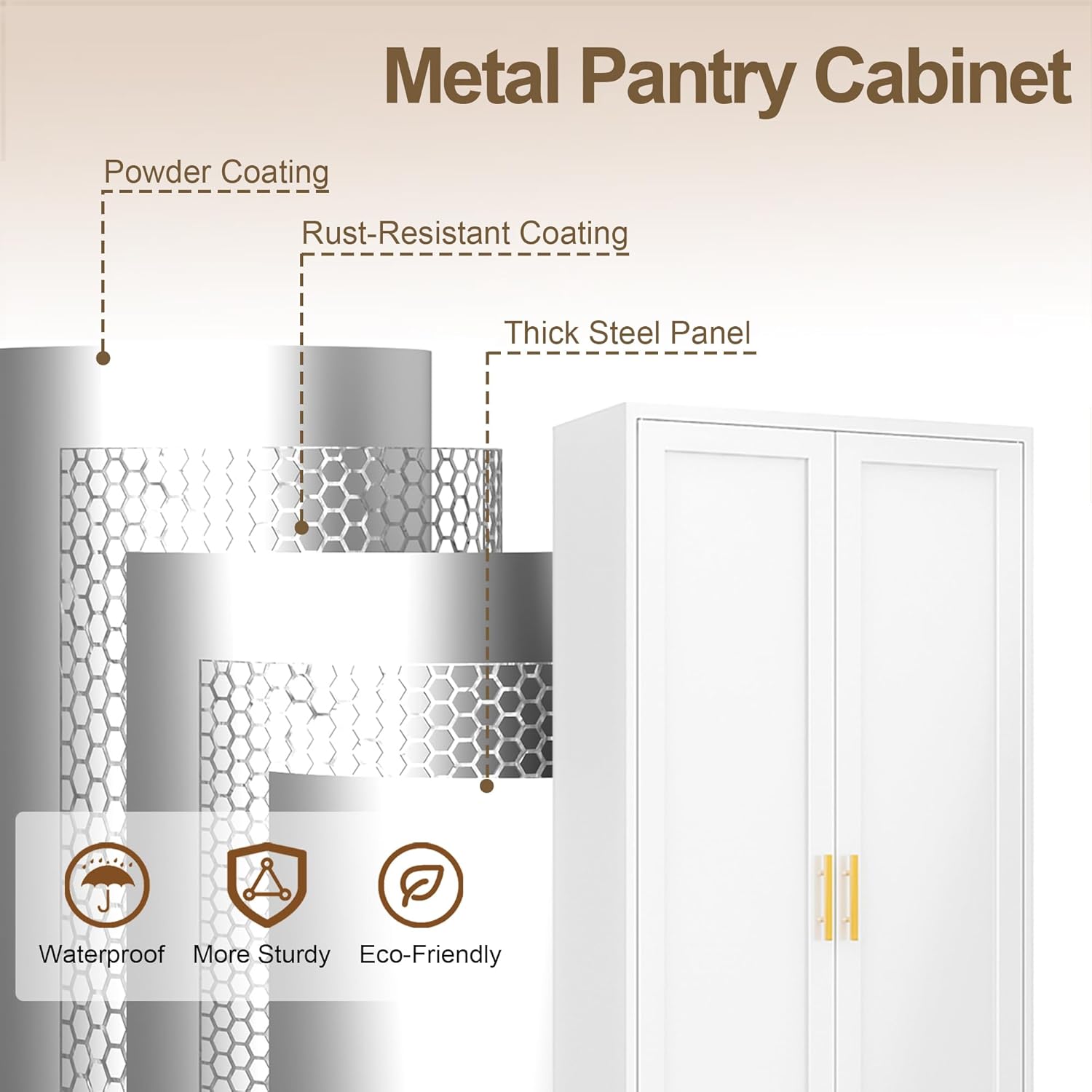 71" Tall Kitchen Pantry Cabinet, White Metal Kitchen Pantry Storage Cabinet with Doors and 4 Adjustable Shelves, Freestanding Pantry Cupboard for Living, Dining Room, Kitchen