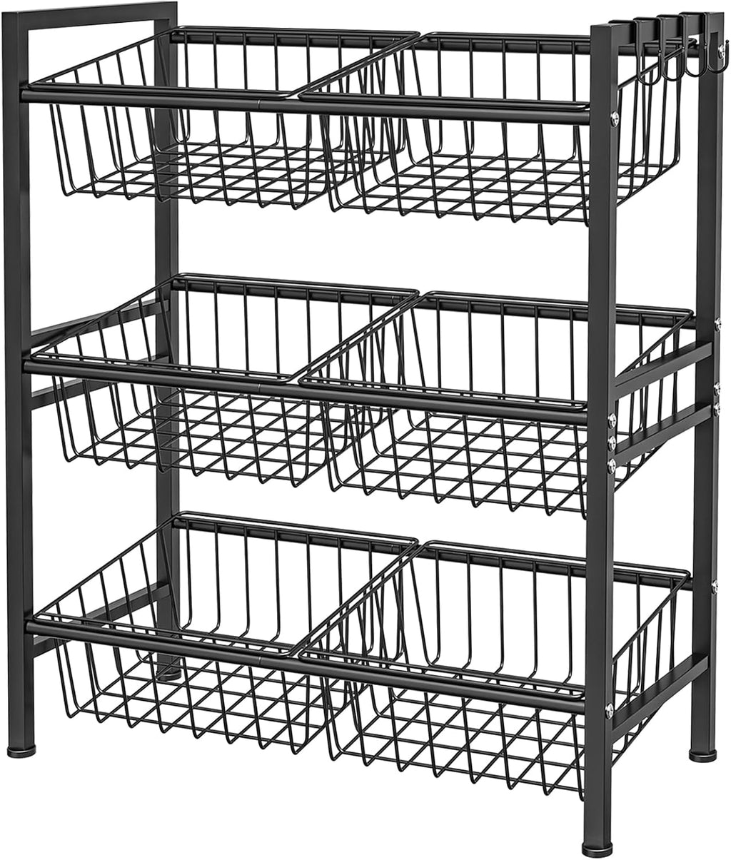 Hastatii Kitchen Storage Basket Shelf, Snack Basket Shelf, 3 Tier Fruit Vegetable Basket Stand, Metal Pantry Storage with 6 Stackable Wire Baskets, Black