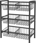 Hastatii Kitchen Storage Basket Shelf, Snack Basket Shelf, 3 Tier Fruit Vegetable Basket Stand, Metal Pantry Storage with 6 Stackable Wire Baskets, Black