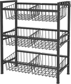 Hastatii Kitchen Storage Basket Shelf, Snack Basket Shelf, 3 Tier Fruit Vegetable Basket Stand, Metal Pantry Storage with 6 Stackable Wire Baskets, Black