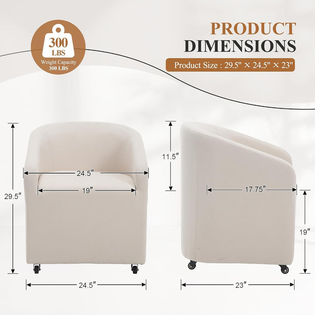 CIMOTA Linen Beige Barrel Dining Chairs with Wheels, Set of 2 — Modern Upholstered Swivel Dining Room Chairs on Casters for Kitchen or Living Room