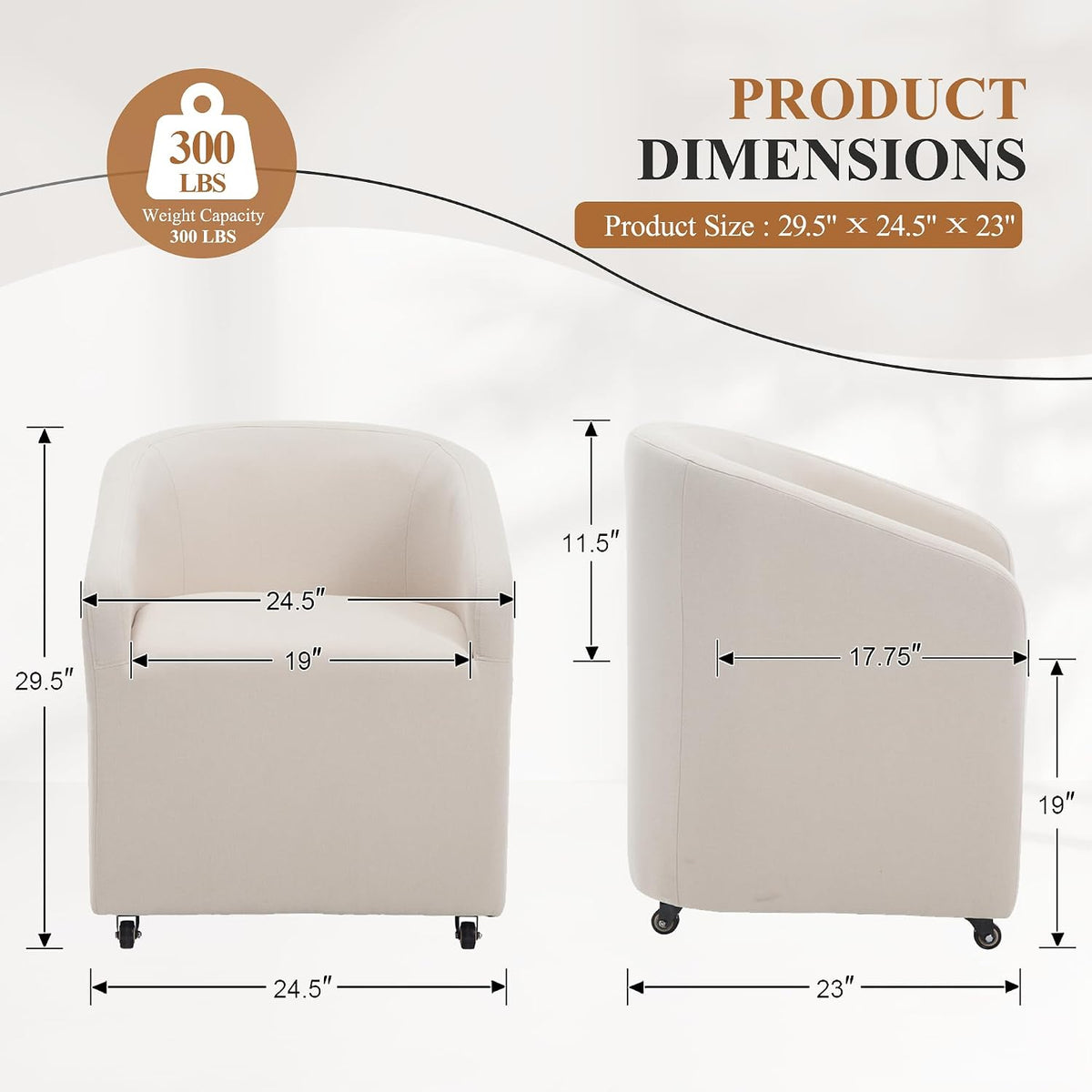 CIMOTA Linen Beige Barrel Dining Chairs with Wheels, Set of 2 — Modern Upholstered Swivel Dining Room Chairs on Casters for Kitchen or Living Room