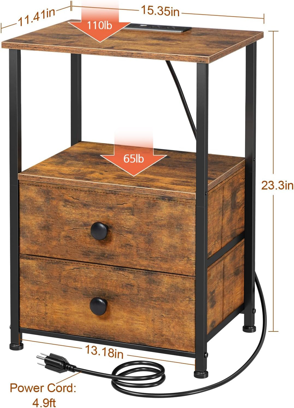 LOAKEKEL Nightstands Set of 2, LED Night Stand with Charging Station | Bedside Table with Type-C Outlets & 2 Fabric Drawers, End Tables with Storage Shelf for Bedroom, Small Spaces, Brown