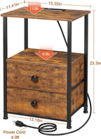 LOAKEKEL Nightstands Set of 2, LED Night Stand with Charging Station | Bedside Table with Type-C Outlets & 2 Fabric Drawers, End Tables with Storage Shelf for Bedroom, Small Spaces, Brown