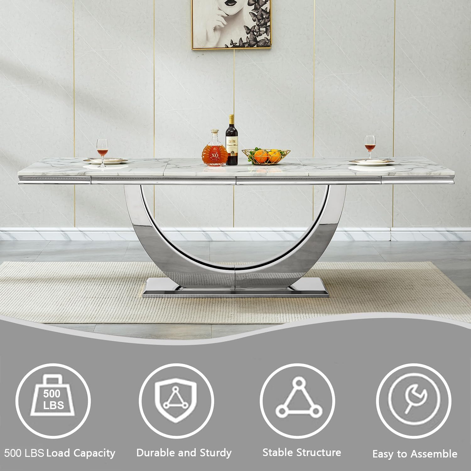 94.5" Large Faux Marble Dining Table Set for 8, Luxury Kitchen Table Set with 8 Chairs, Modern 9-Piece Dining Room Set with White Silver Dinner Table and 8 Black Upholstered Chairs