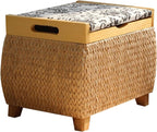 Ottoman with Storage Rattan Woven ，Bench with Padded Seat End of The Bed Entry Bench Footrest Stool for Hallway Living Room(Primary Color,53cm/20.9in)