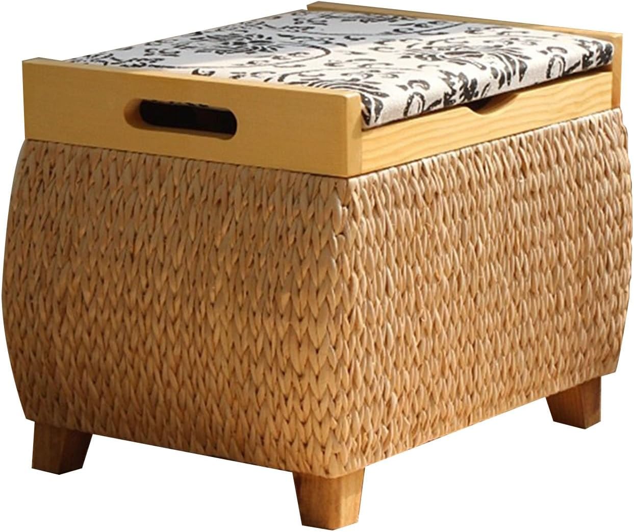 Ottoman with Storage Rattan Woven ，Bench with Padded Seat End of The Bed Entry Bench Footrest Stool for Hallway Living Room(Primary Color,53cm/20.9in)