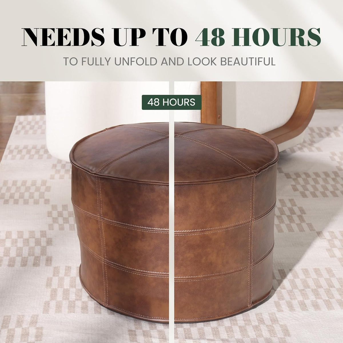 Couchus Genuine Leather Ottoman, Square Pouf Footstool (Round, Brown) | Modern Upholstered Ottoman, Floor Pouf for Living Room, Bedroom