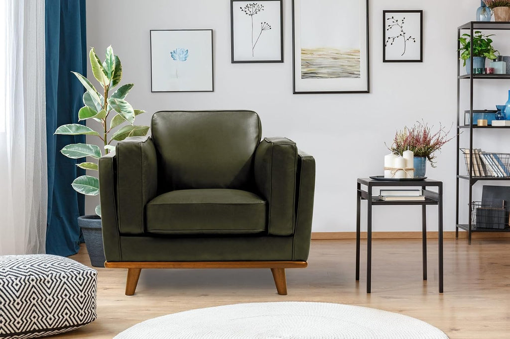 Valencia Artisan Full Leather Accent Chair 41.5” | Pure Full Italian Nappa Leather Chair, Solid Wood Accent, Ultimate Comfort, Dark Green