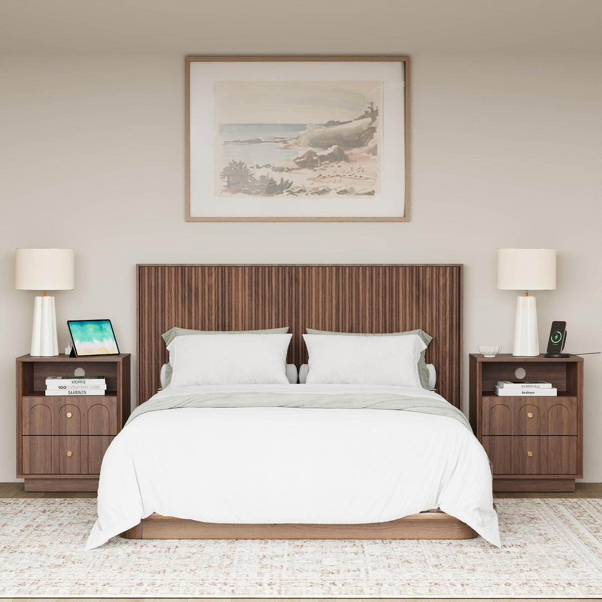 FORTUNETEC 17.7" Nightstand with Charging Station, Arched Design, Walnut