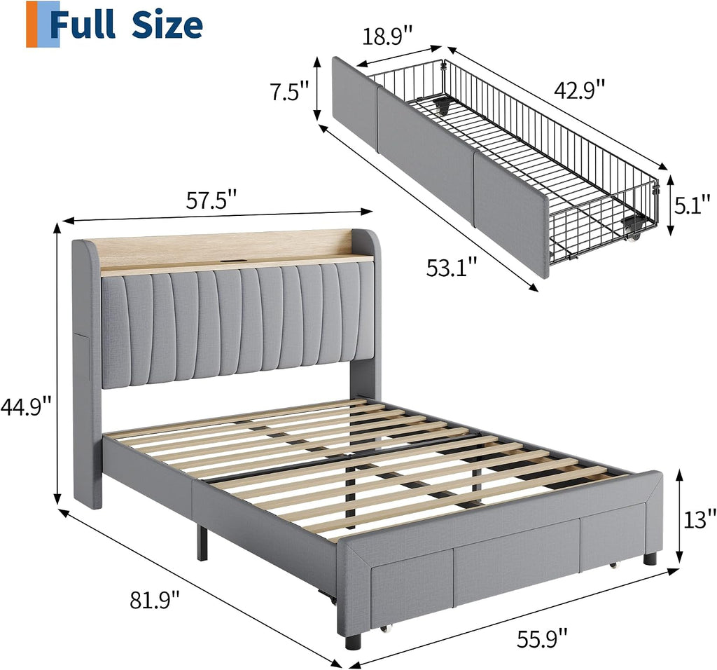 GarveeHome Bed Frame Full with Storage Headboard, Charging Station, Grey