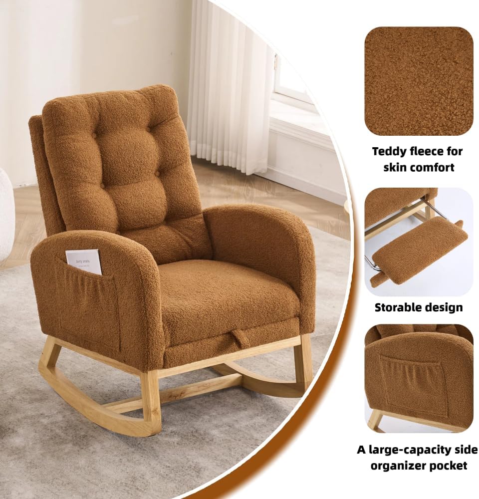 Accent Rocking Chair with Footrest High Back Rubber Wood Rocking Legs Bedroom Living Space (Caramel + Teddy + Foam)