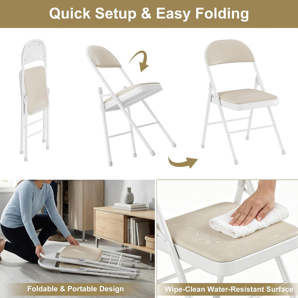 VECELO Folding Chairs Set of 2, Faux Leather Padded, Beige | Folding chairs with comfortable PU leather padded seat, Sturdy metal frame, Space saving design for office dining party