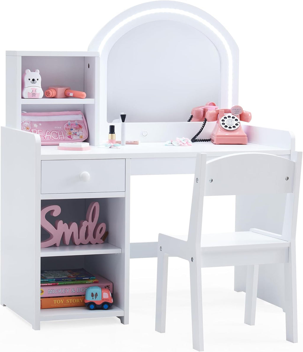 Kids Vanity with Lights, Vanity Set with Drawer and Storage Shelves, 2 in 1 Toddler Vanity with Lighted Mirror, Girls Vanity Set with Stool for Little Girls (White)