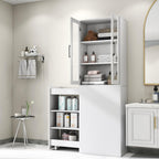 KEIKI 70.87" H Kitchen Pantry Storage Cabinet with Pull-Out Shelf, Glass Doors, Tall Modern Wooden Display Cabinet, Bookshelf, Bookcase, Food Pantries for Dining Room, Living Room Home Office, White