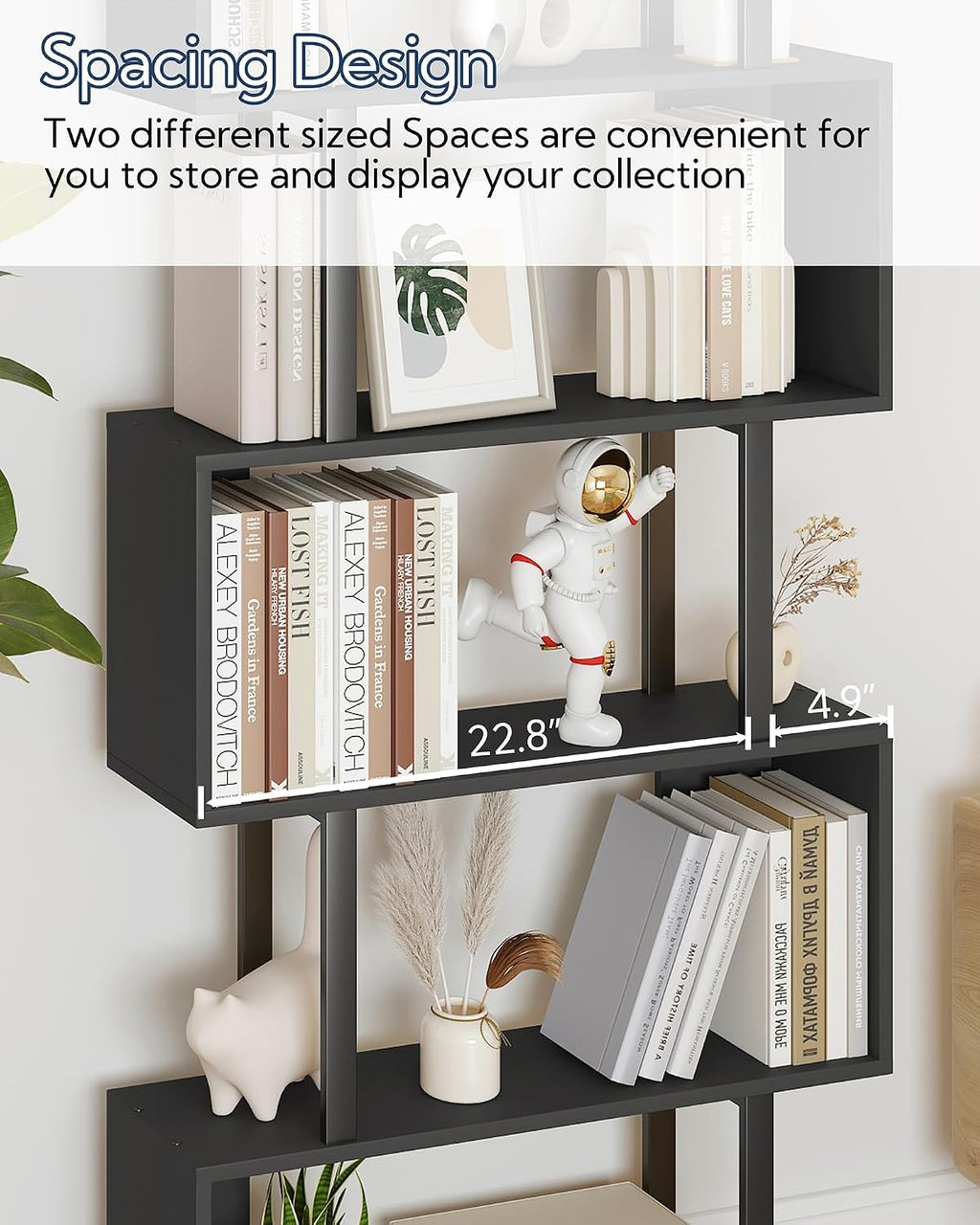 Yusong Geometric Bookcase, S Shaped Bookshelf 6-Tier Book Shelves for Bedroom, Modern Wood Decorative Display Shelf Tall Book Case for Home Office, Black and White