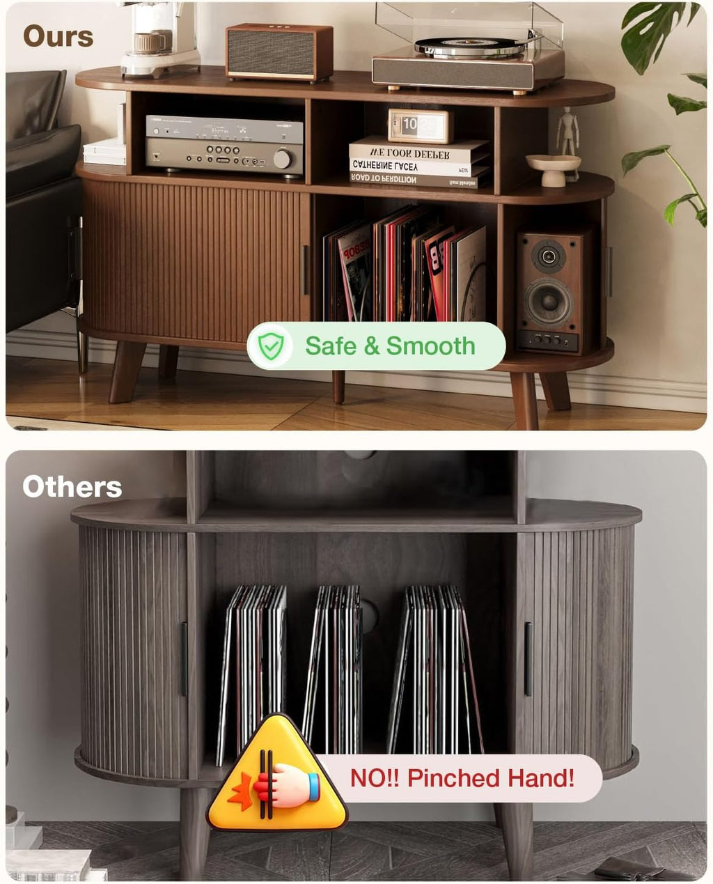Record Player Stand, Midcentury Modern Furniture Turntable Stand with Sliding Doors, Audio-Video Shelving Cabinet, Fluted Media Stand and TV Stand for Living Room, Bedroom (Walnut) (Large)