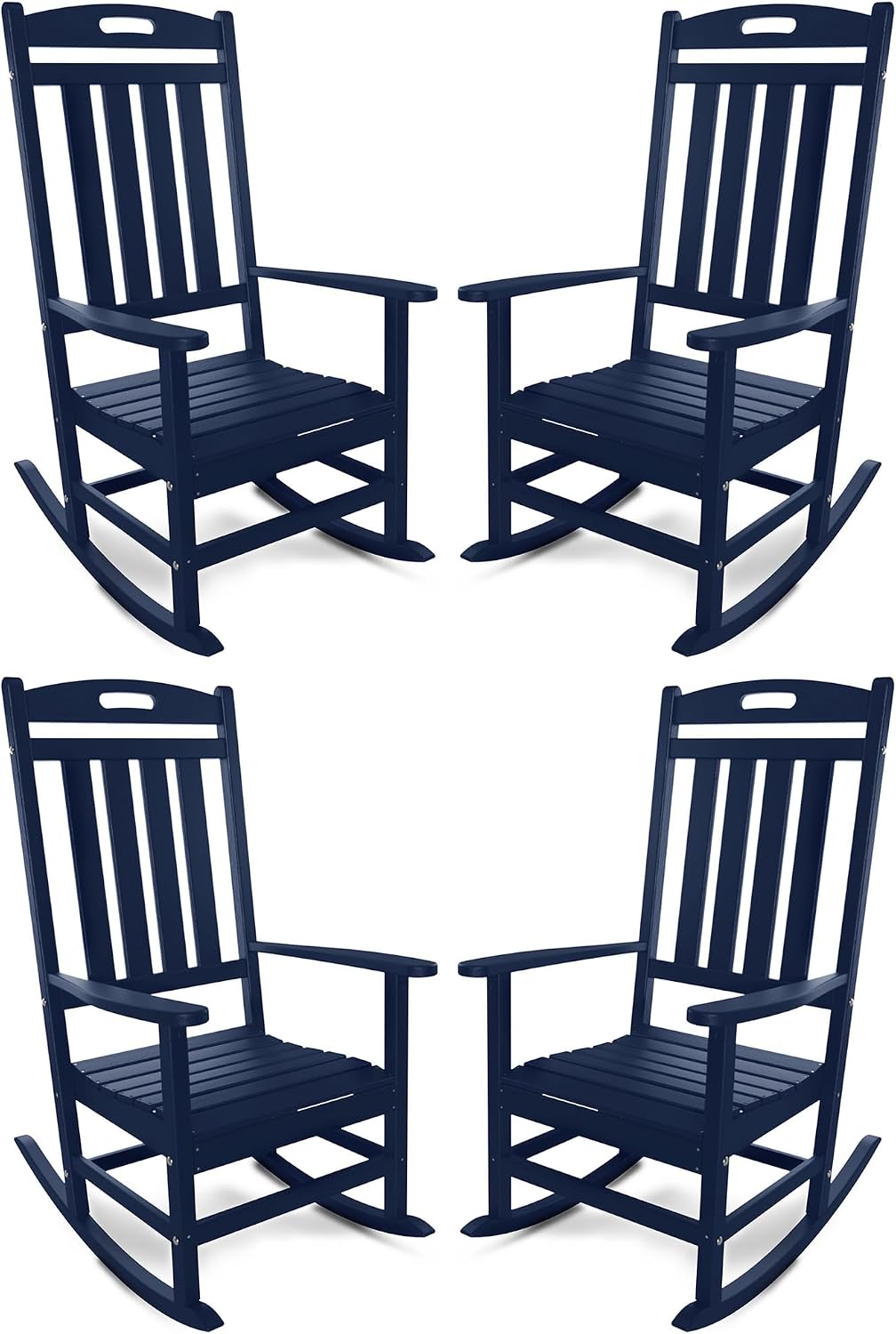 Outdoor Rocking Chair Set of 4, All-Weather Resistant Poly Lumber Rocker Chair Outdoor, High Back Plastic Patio Rocking Chairs for Outside Porch Rocker Garden Lawn, Navy Blue