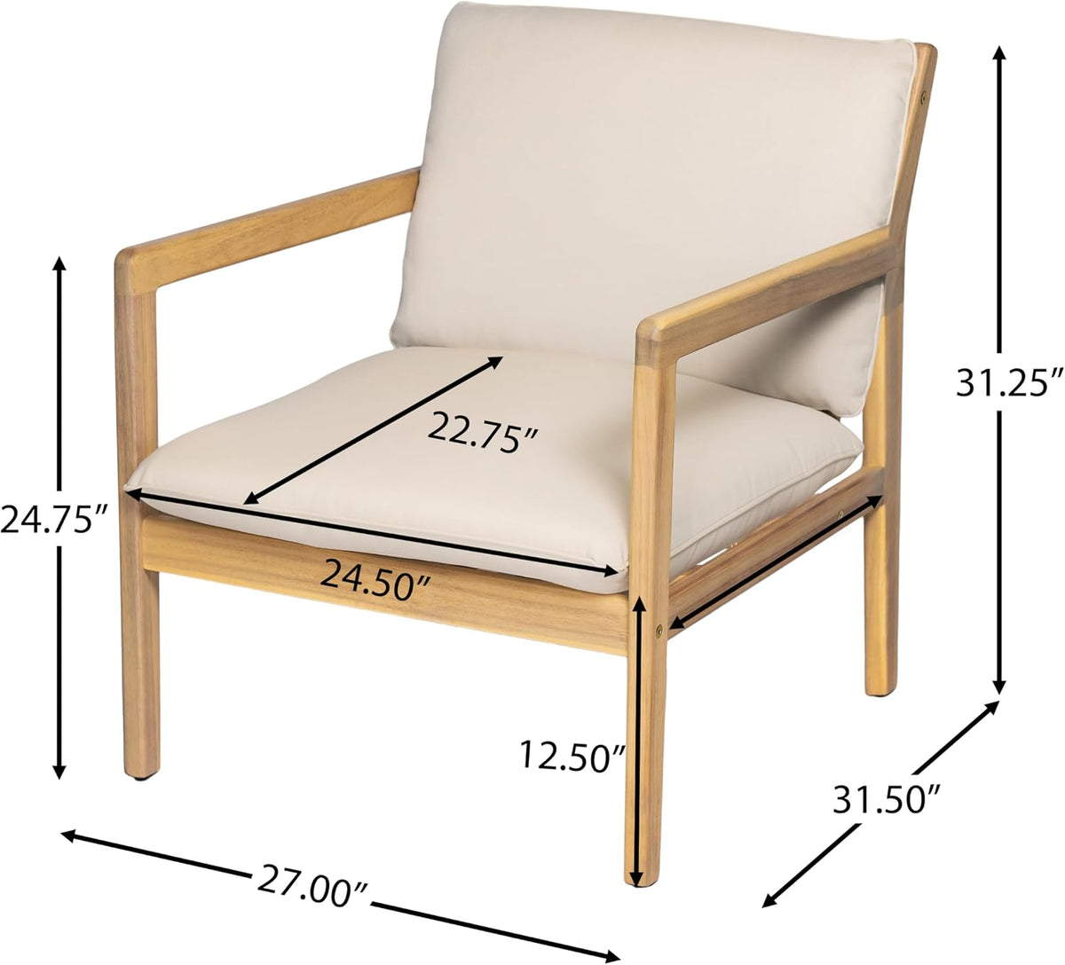 Elountik Acacia Wood Patio Club Chair Set of 2 with Cushions, Outdoor Armchairs for Patio Seating, Light Teak