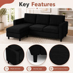 Nuturelly 73.6" L-Shaped Small Sectional Sofa with Ottoman, Black | Tool-Free Assembly, 3-Seater, Medium-Firm Foam+Springs, Pet-Friendly Microfiber, 5.9" Leg Clearance, Spot-Clean Only