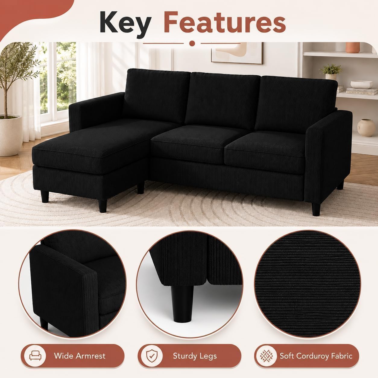 Nuturelly 73.6" L-Shaped Small Sectional Sofa with Ottoman, Black | Tool-Free Assembly, 3-Seater, Medium-Firm Foam+Springs, Pet-Friendly Microfiber, 5.9" Leg Clearance, Spot-Clean Only