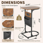 C Shaped End Table with Charging Station, Small Side Table for Couch, C Table Slides Under Sofa with Storage Bag, TV Tray Table for Recliner, Living Room, Bedside, Bedroom, Small Spaces, Rustic Brown